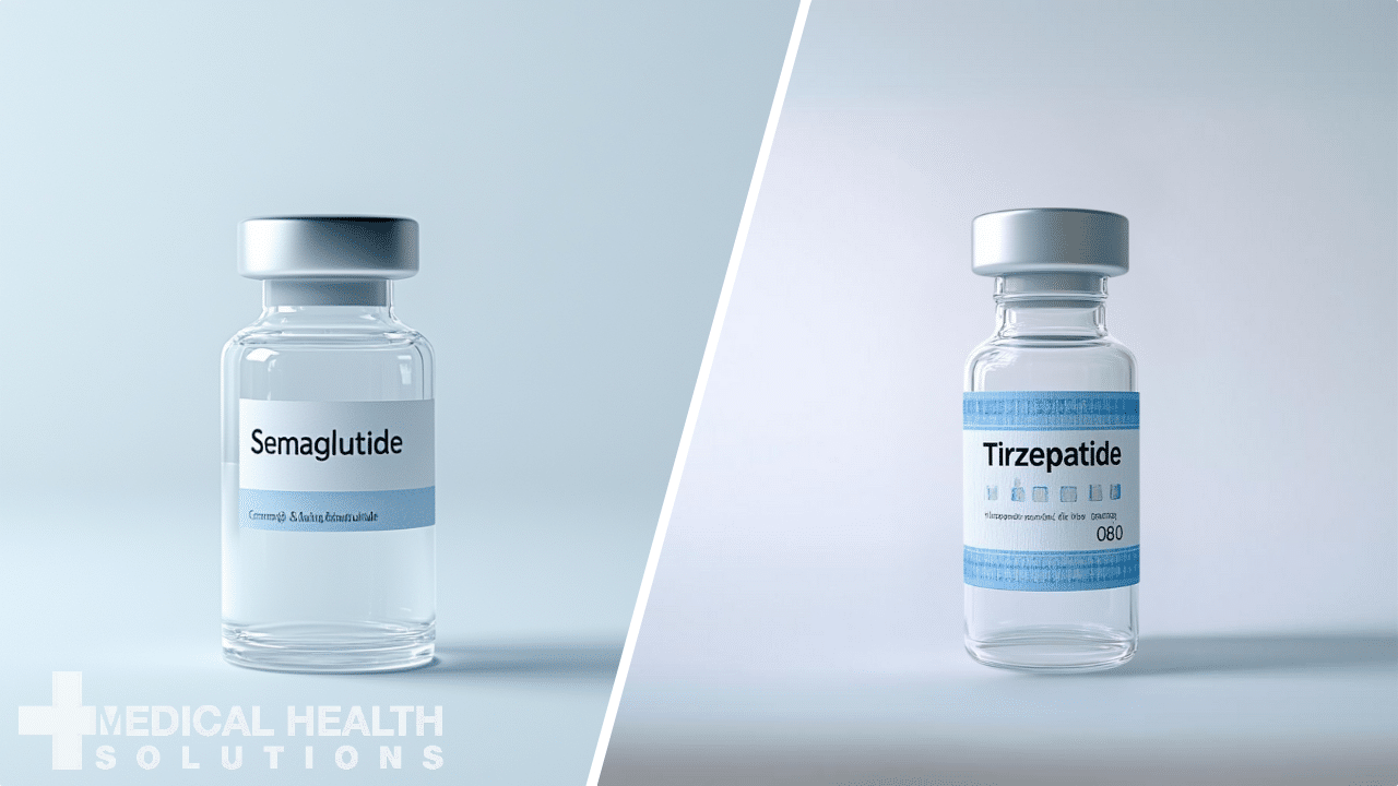 Split photo of Semaglutide and Tirzepatide vial at weight loss clinic in lone tree colorado