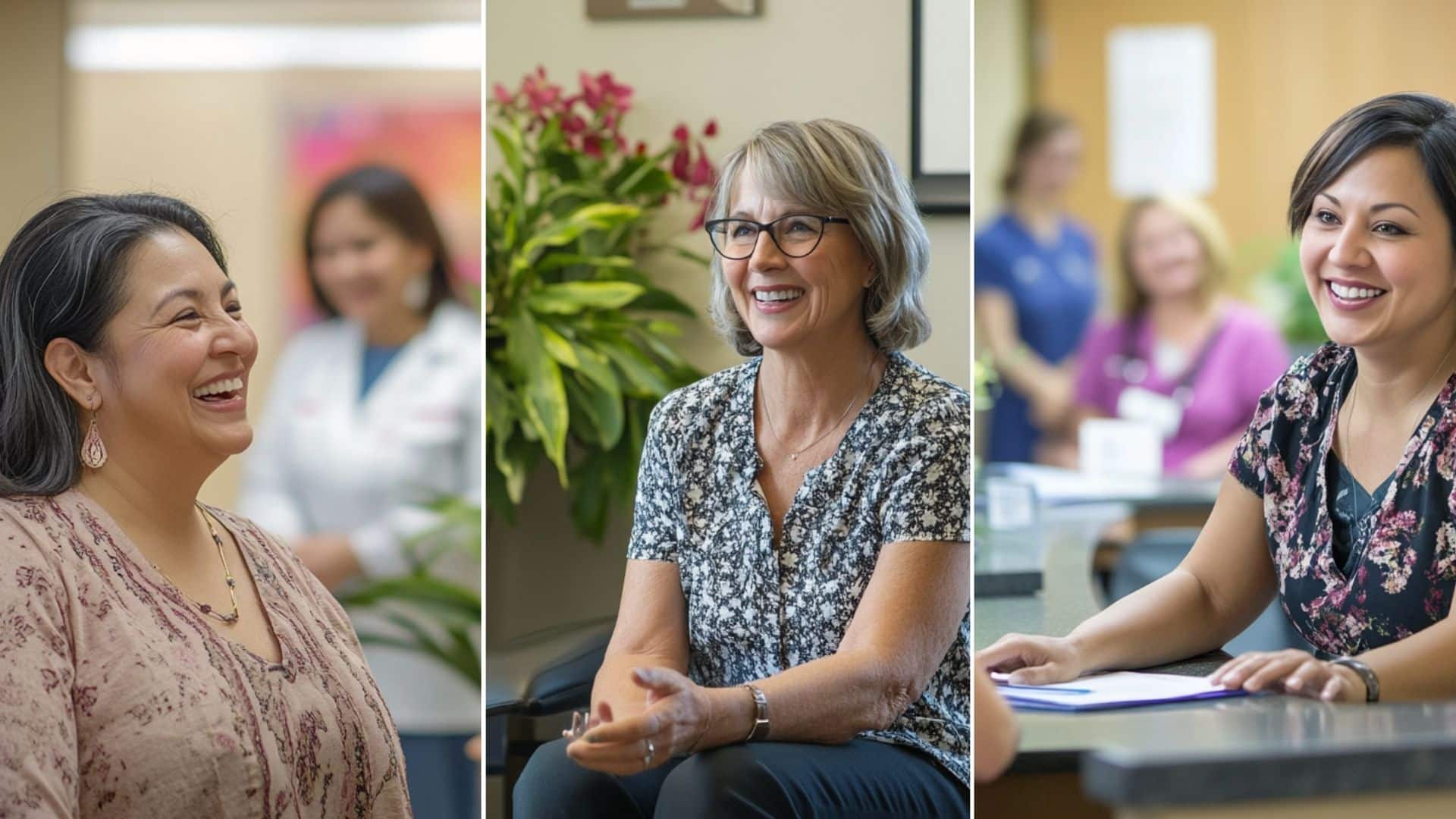 A female patient talking a nurse practitioner in the clinic lobby. A physician speaks with a Hispanic woman patient in a clinic.