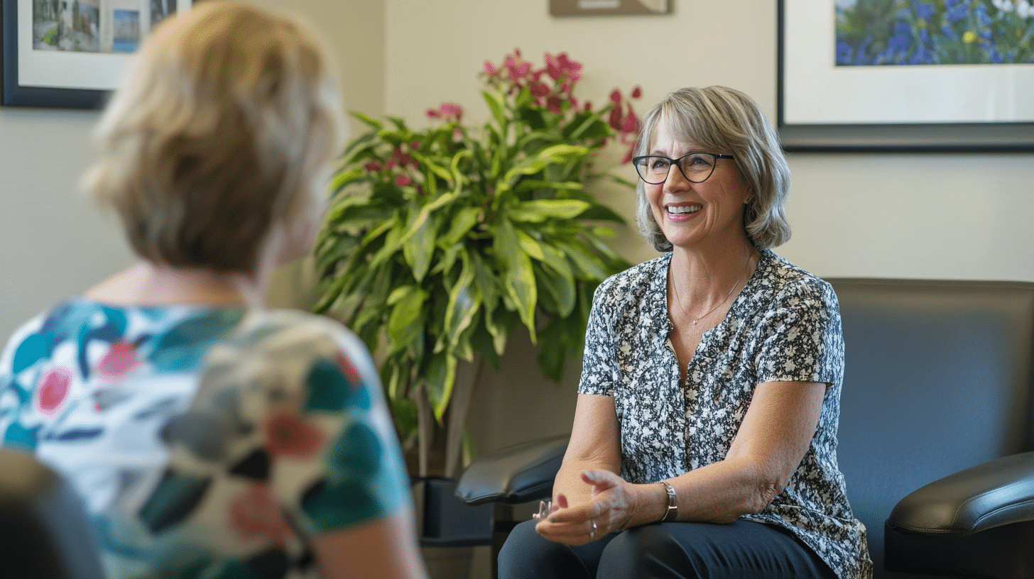 A physician speaks with a Hispanic woman patient in a clinic.