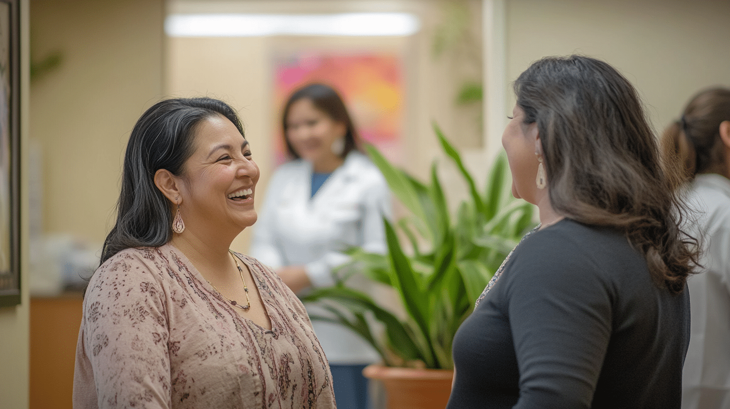 Two patients talking with each other at the clinic.