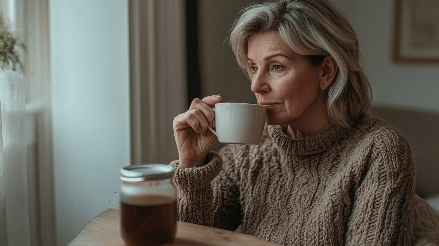 A middle-aged woman drinking herbal tea.