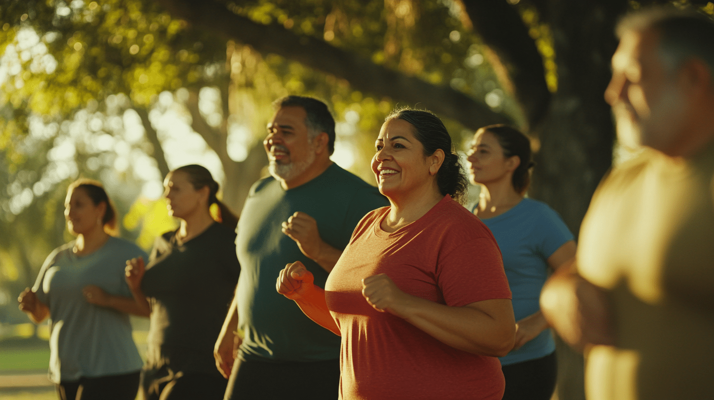 A group of people doing Zumba in the park.