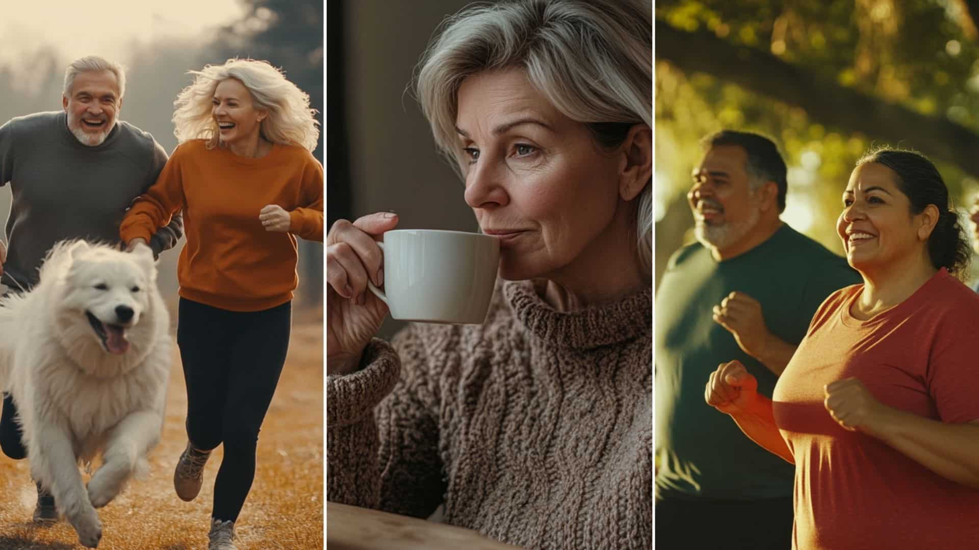 A middle-aged woman drinking herbal tea. A couple jogging in the forest with their dog. A group of people doing Zumba in the park.