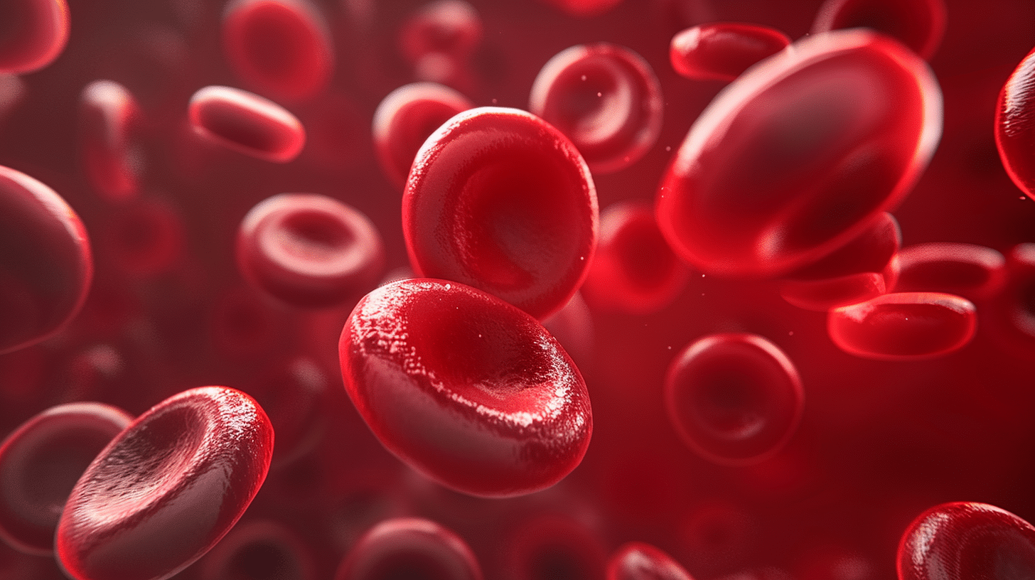 A close-up 3D scientific rendering of red blood cells in the bloodstream.