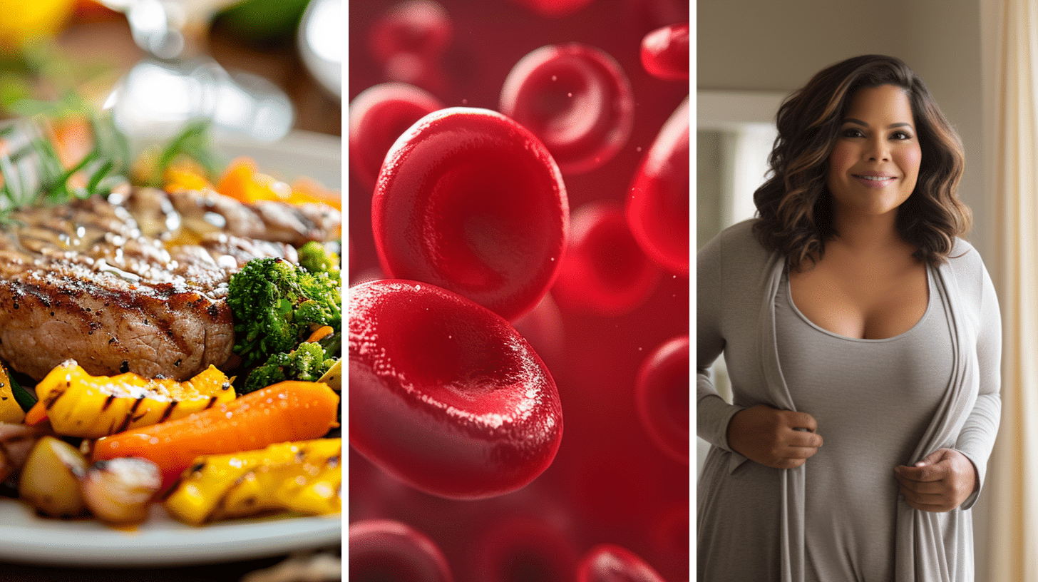 Dinner plate with Atkins-Diet-based meal, 3D scientific rendering of red blood cells in the bloodstream, and a slightly overweight professional Hispanic woman 45 years old is looking at herself in a full-length mirror in a bedroom.