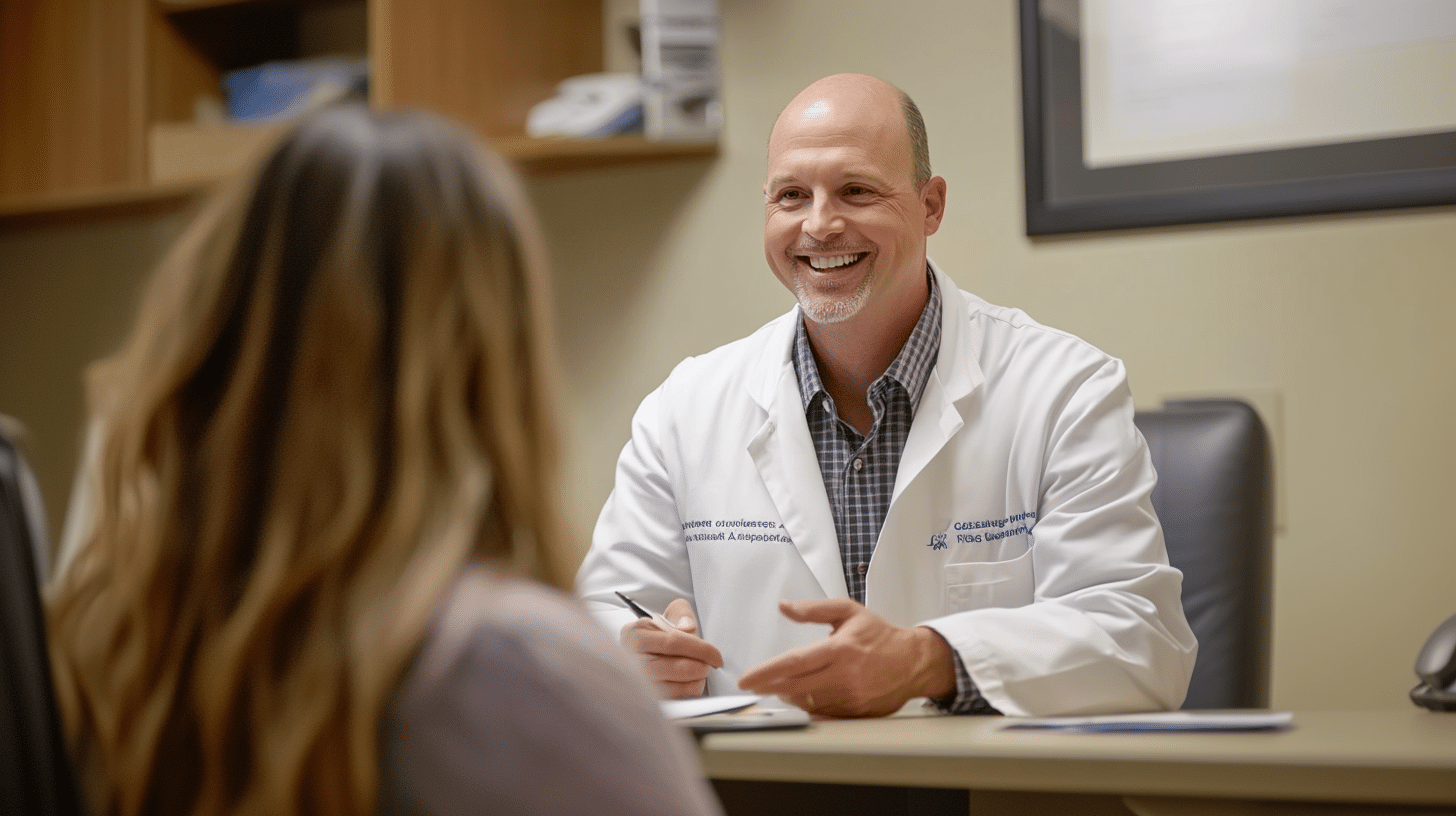 A weight loss doctor smiling and talking with her patient.