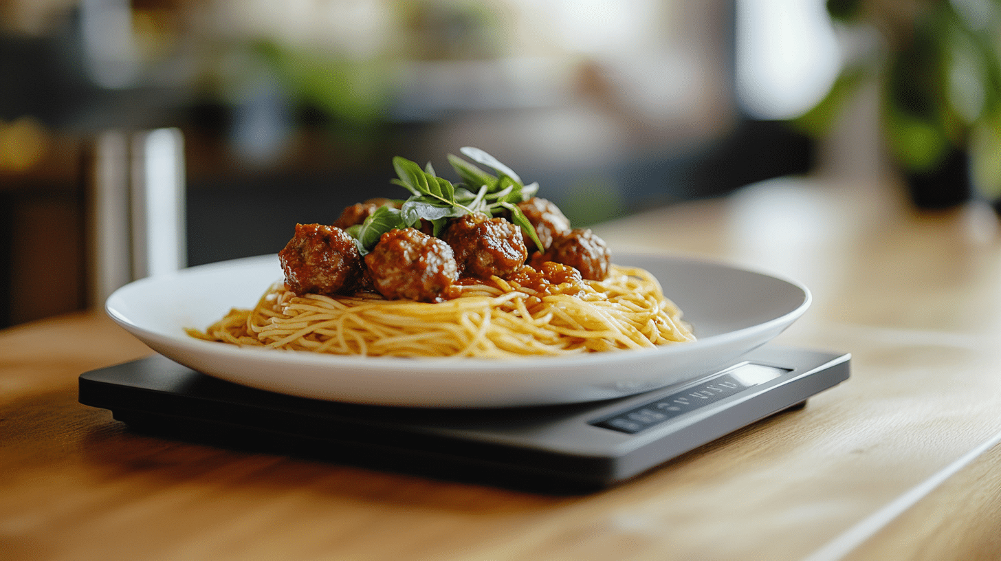 A plate of spaghetti getting measured on food scale.