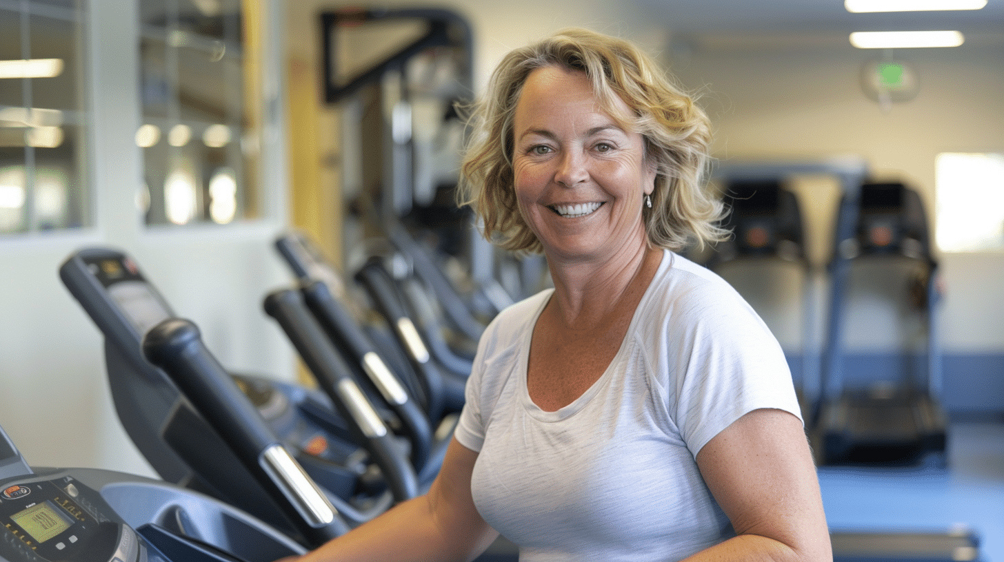 A white woman doing exercises on gym.