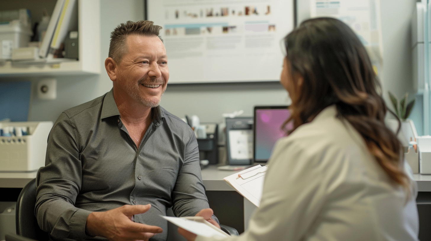 A doctor and patient in a clinic.