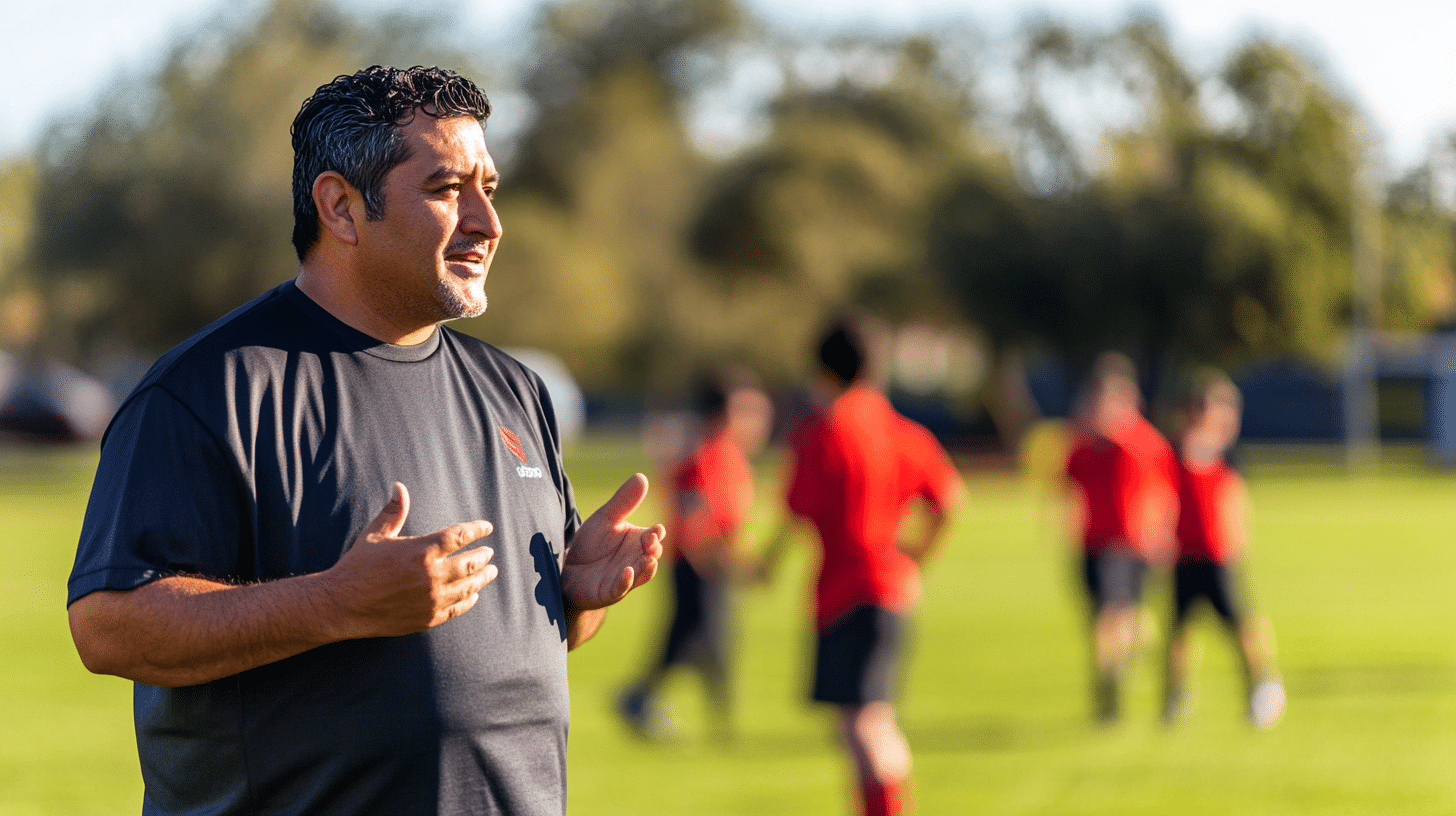 A Hispanic coach in a football field