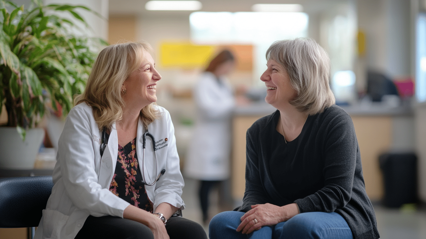 Two women laughing and chatting while waiting inside a clinic.