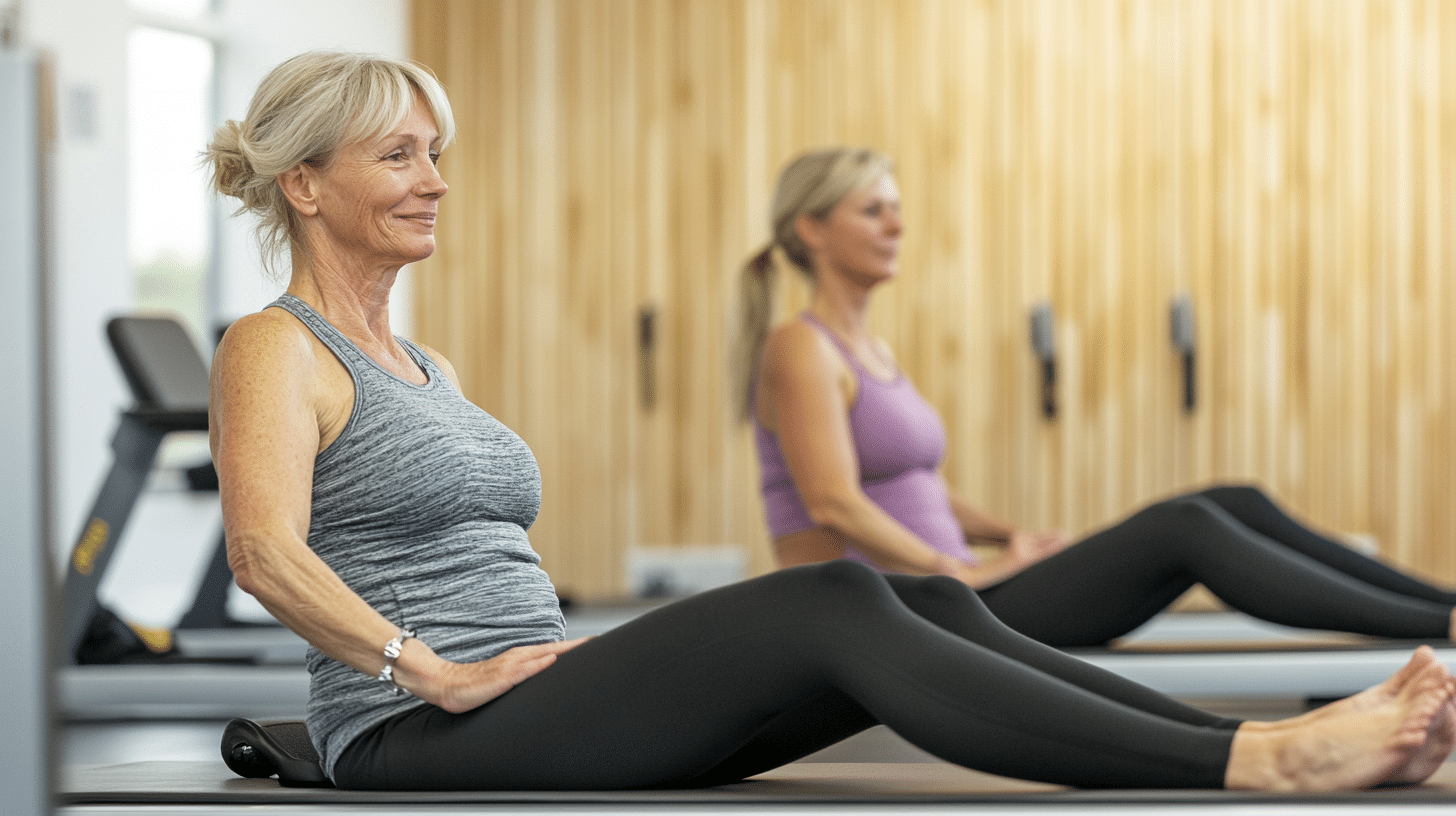 Middle-aged women practicing Pilates on mats in a classroom setting.