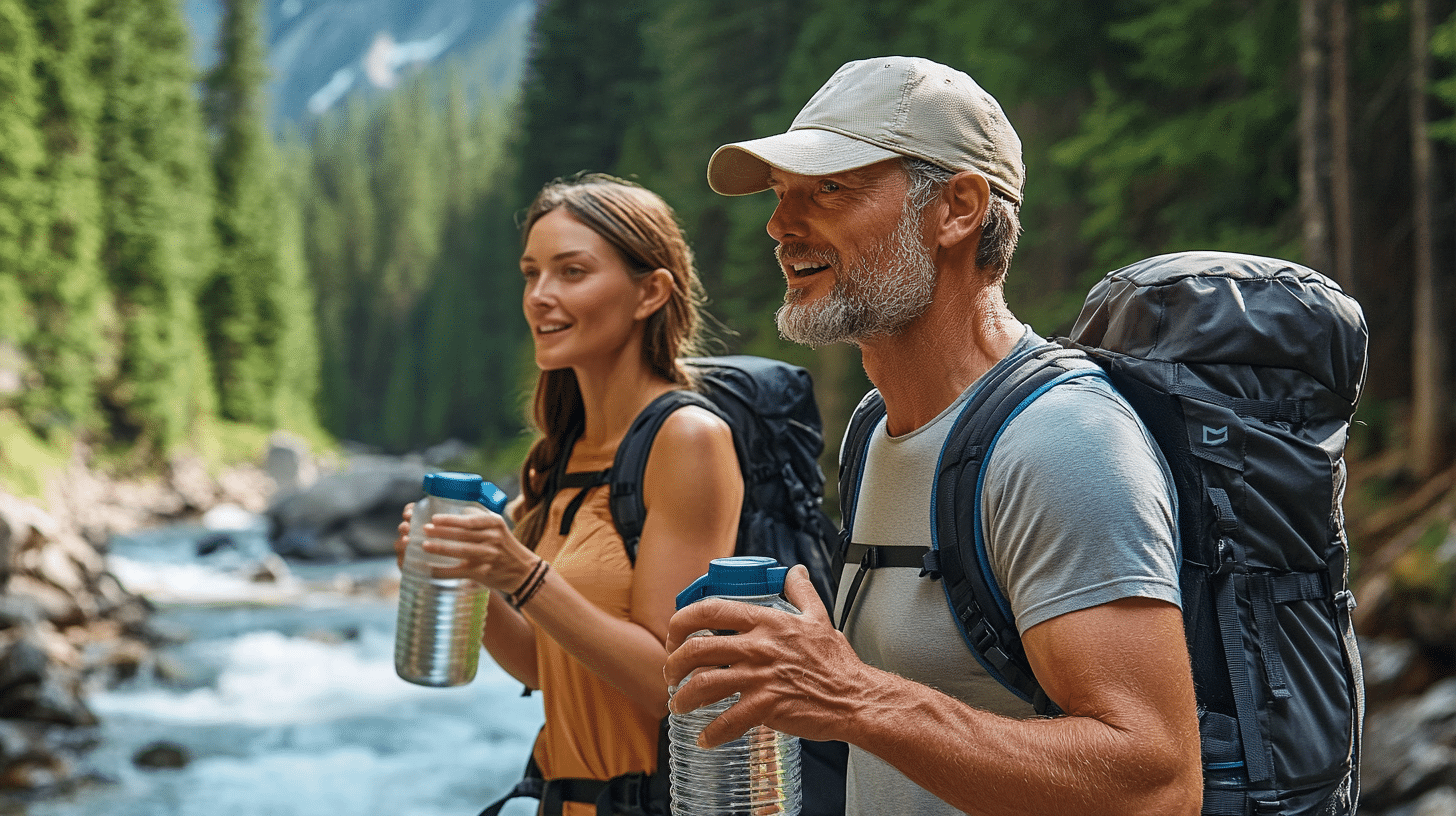 Two trekkers hydrating themselves from their water jugs after an exhausting trek.