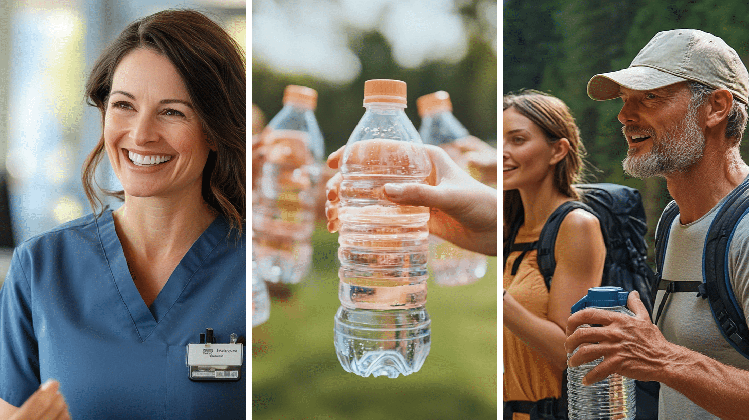 A friendly clinician talking to a patient, image of water bottles symbolizing the significance of staying hydrated, two trekkers hydrating themselves from their water jugs after an exhausting trek.