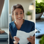 An image of an individual standing on a weighing scale, a clinician in the clinic assisting a potential client, and a person revising her meal plan to reassess and improve her weight loss strategy.