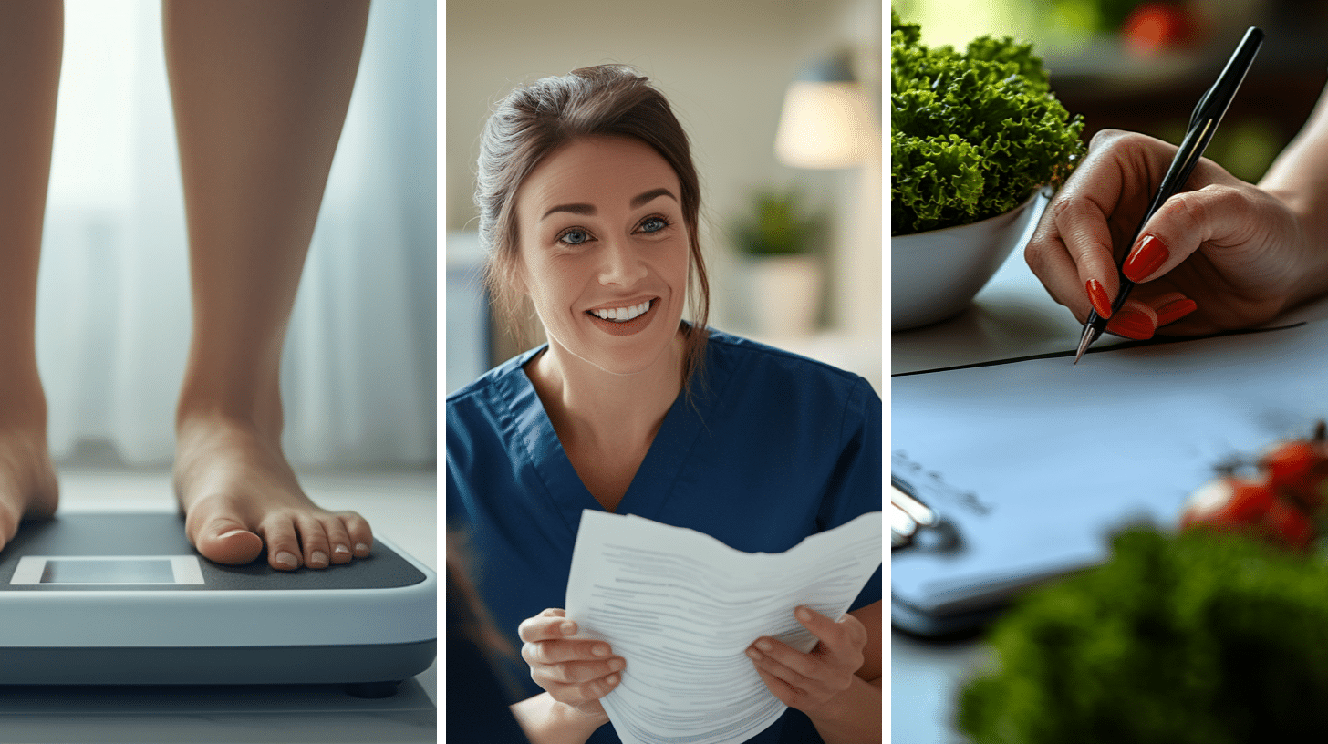 An image of an individual standing on a weighing scale, a clinician in the clinic assisting a potential client, and a person revising her meal plan to reassess and improve her weight loss strategy.