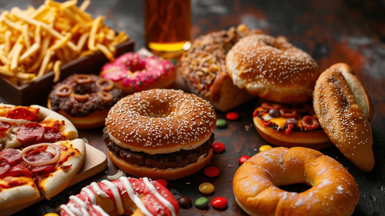 Unhealthy foods. donuts, burgers, pizza, and fries.