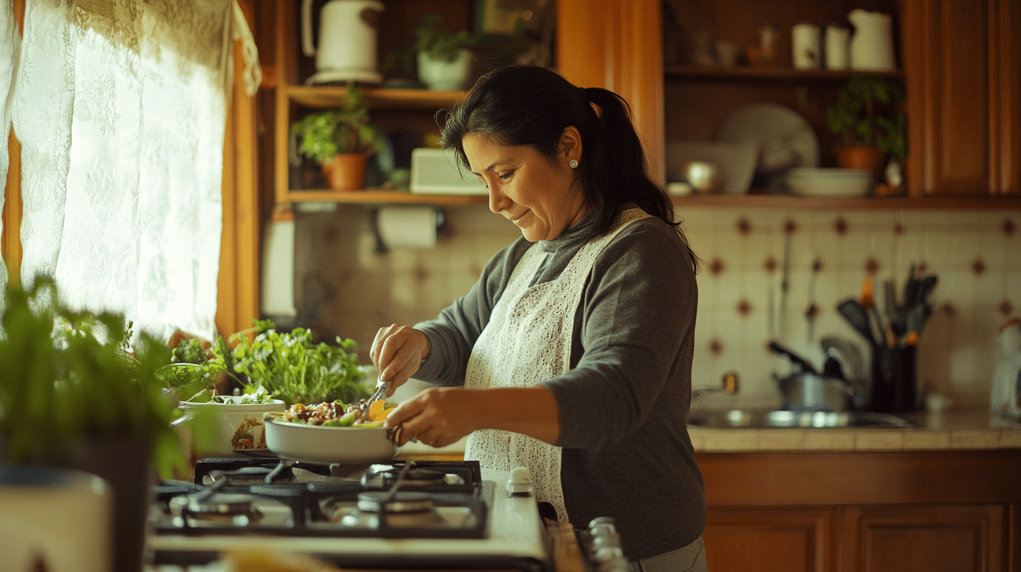 A Hispanic woman cooking a healthy food in the kitchen.