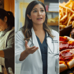 A doctor with co-physicians in a clinic. A Hispanic woman cooking a healthy food in the kitchen.