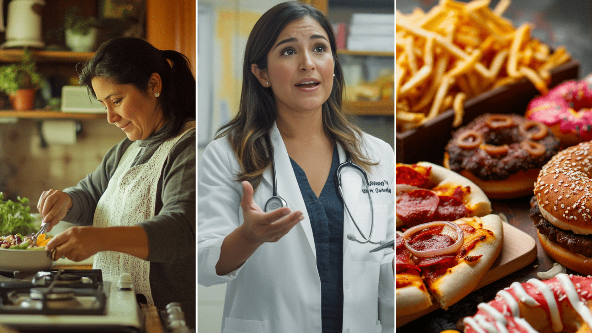 A doctor with co-physicians in a clinic. A Hispanic woman cooking a healthy food in the kitchen.