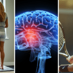 A woman is standing on an InBody machine, 3D rendering of a human brain, and a healthy, energetic woman in her 30s playing tennis.