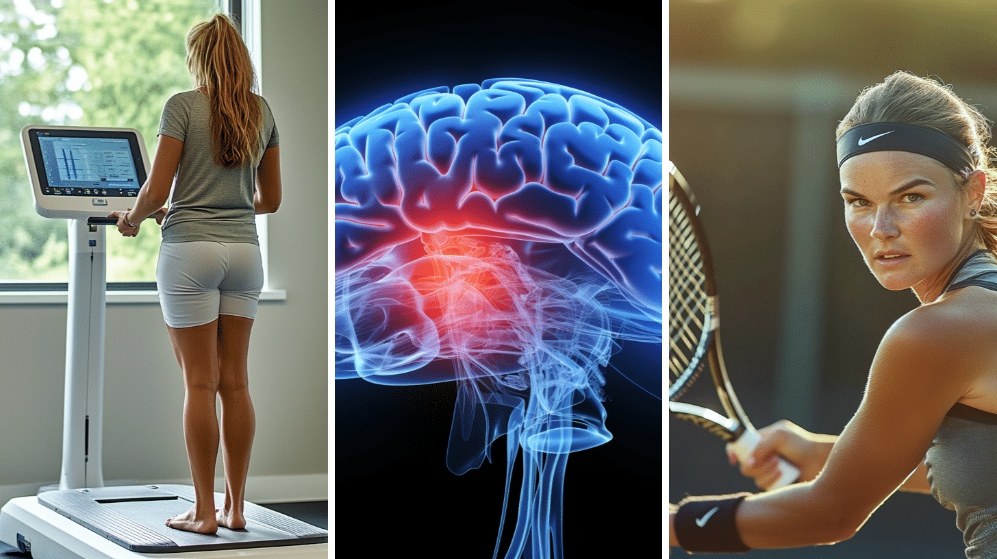 A woman is standing on an InBody machine, 3D rendering of a human brain, and a healthy, energetic woman in her 30s playing tennis.