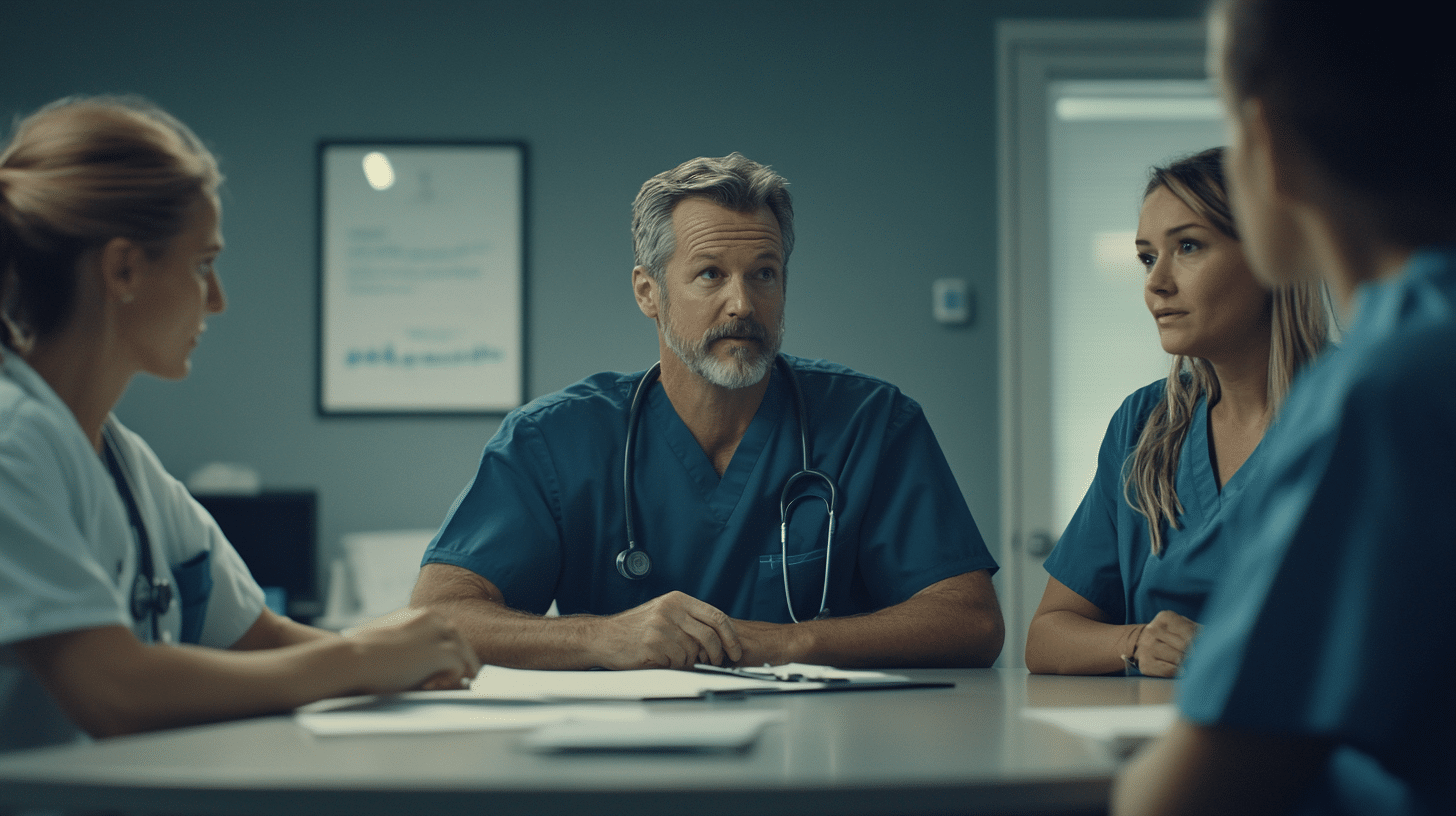 Nurse practitioners discussing in a conference room.