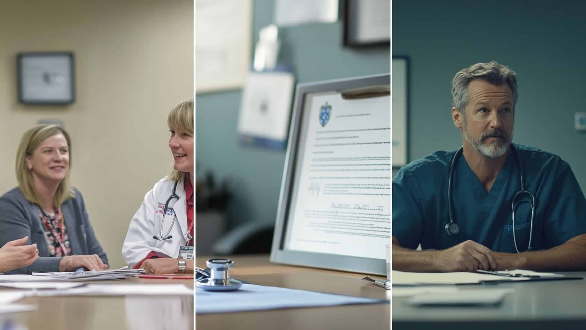 A doctor and patients talking to each other in a clinic. A desk of a doctor in a clinic. Nurse practitioners discussing in a conference room.