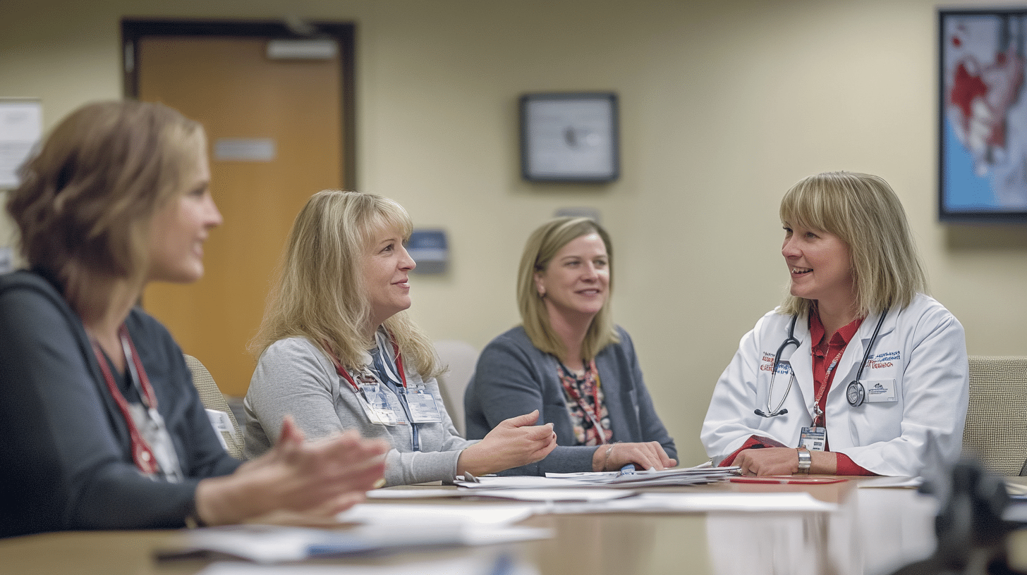 A doctor and patients talking to each other in a clinic.