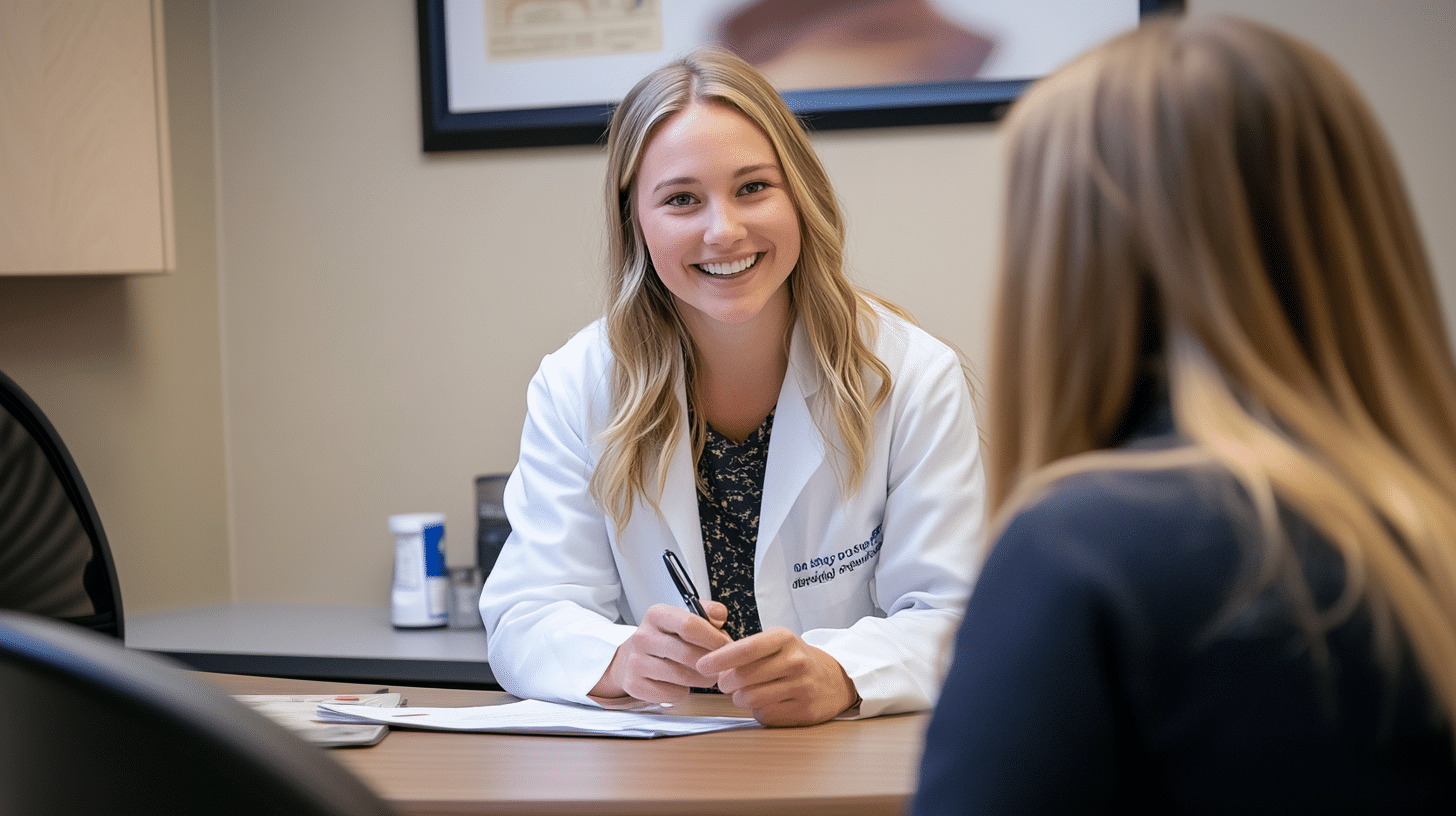 A weight loss doctor engaging in a happy conversation with her patient.