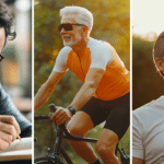 A man in his early 50's is writing in his journal, a healthy and active senior is cycling in the park, and a happy and healthy man in his 50's bonding with his family.