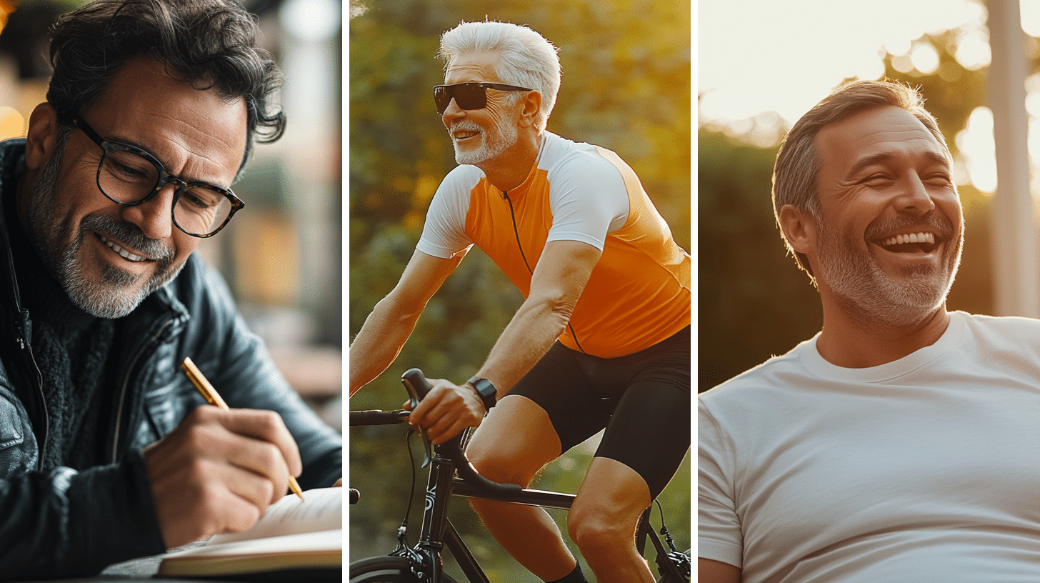 A man in his early 50's is writing in his journal, a healthy and active senior is cycling in the park, and a happy and healthy man in his 50's bonding with his family.