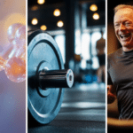 An image of a hormone structure, a barbell in the gym, and a healthy and active senior exercising on a treadmill.