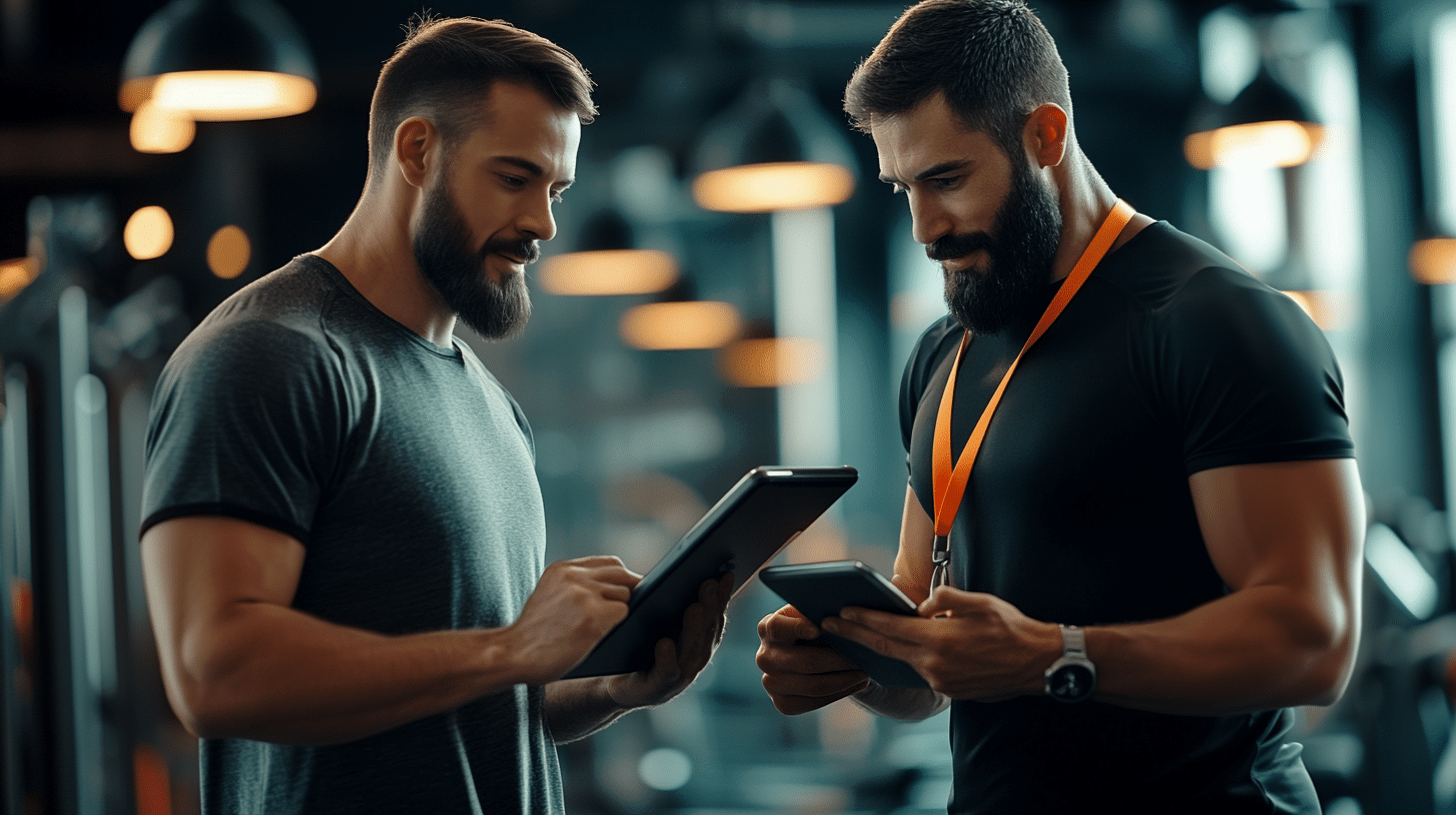 A fitness coach and his trainee review a digital app together, selecting the ideal exercises for their workout.