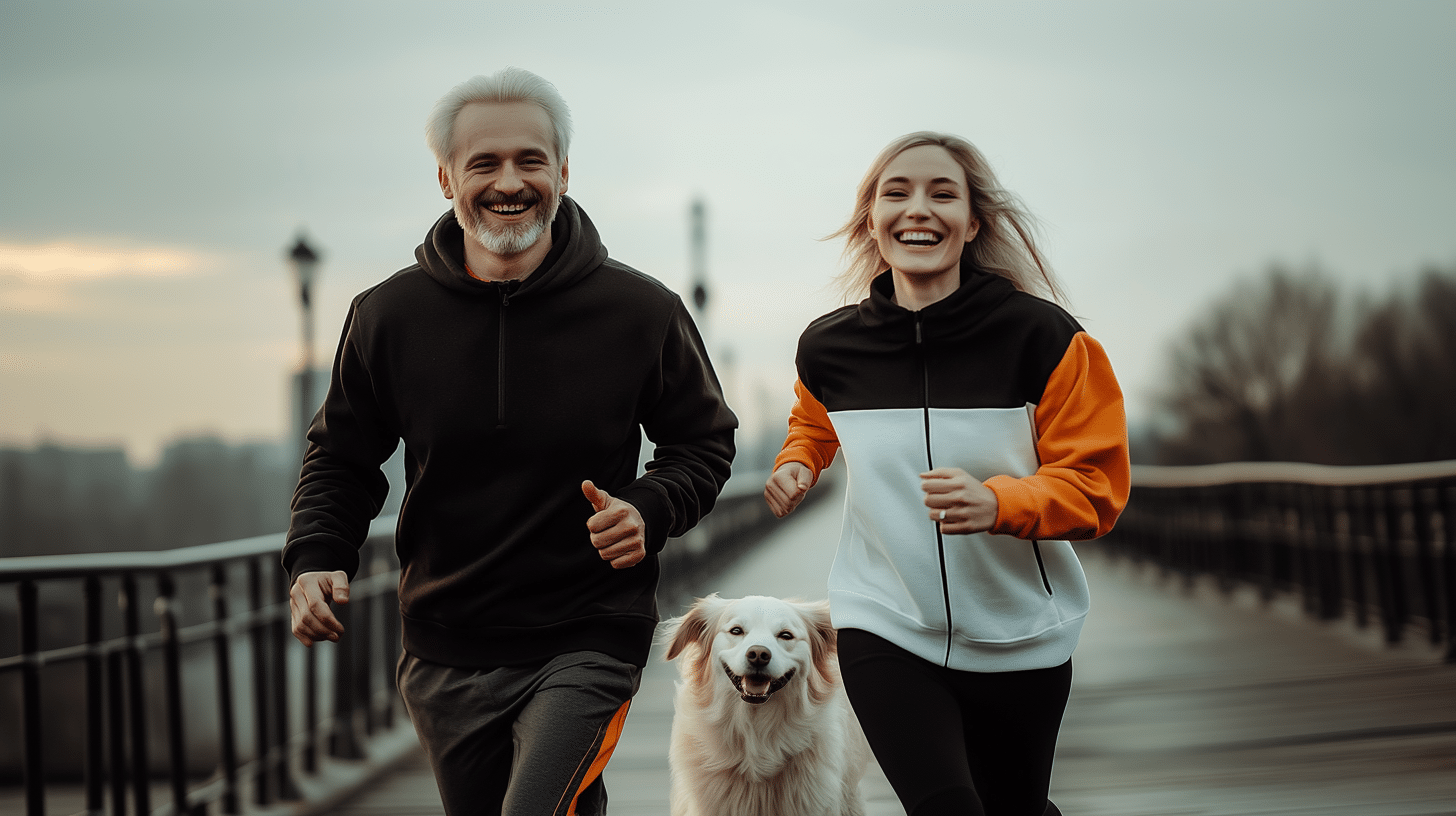 A man and his daughter run alongside their dog, sharing a moment of fun and energy.