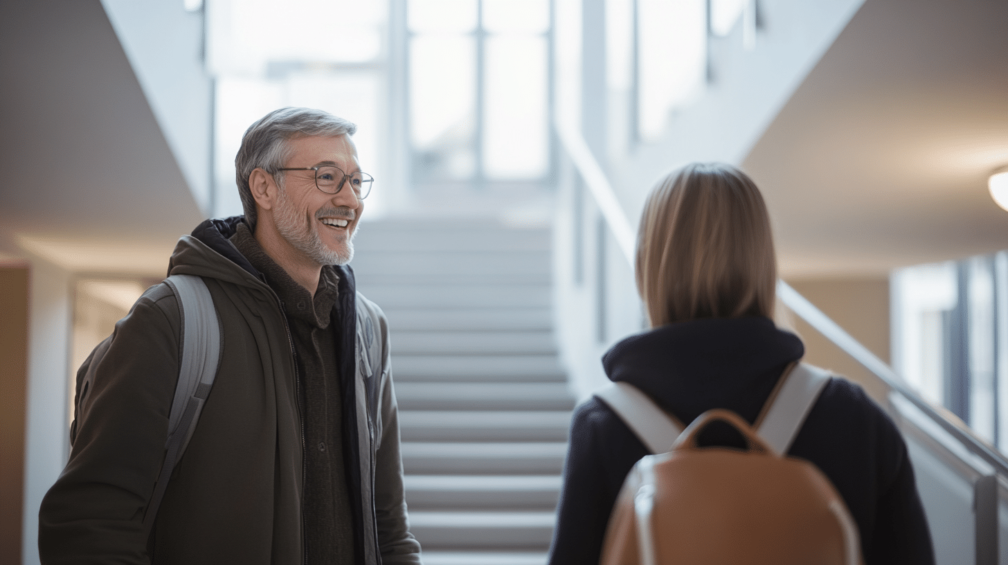 A man happily greeting a neighbor in a stairwell.