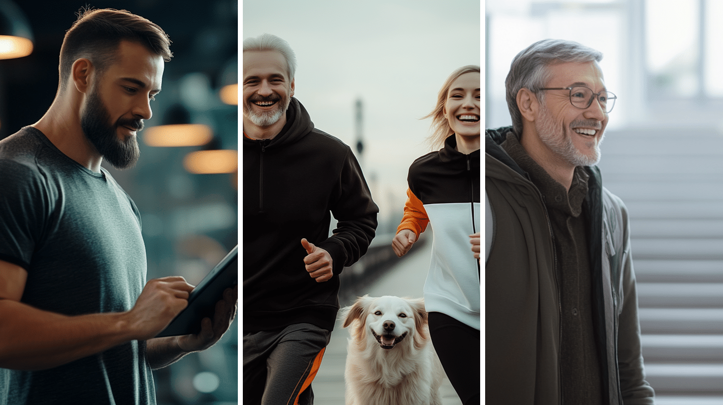 A fitness trainee, a man and his daughter run alongside their dog, and a man happily greeting a neighbor in a stairwell.