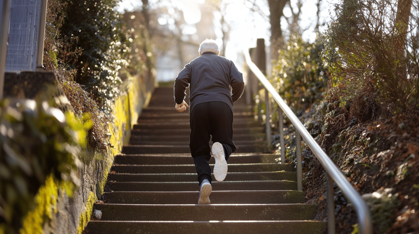 An old man running at the stairs.