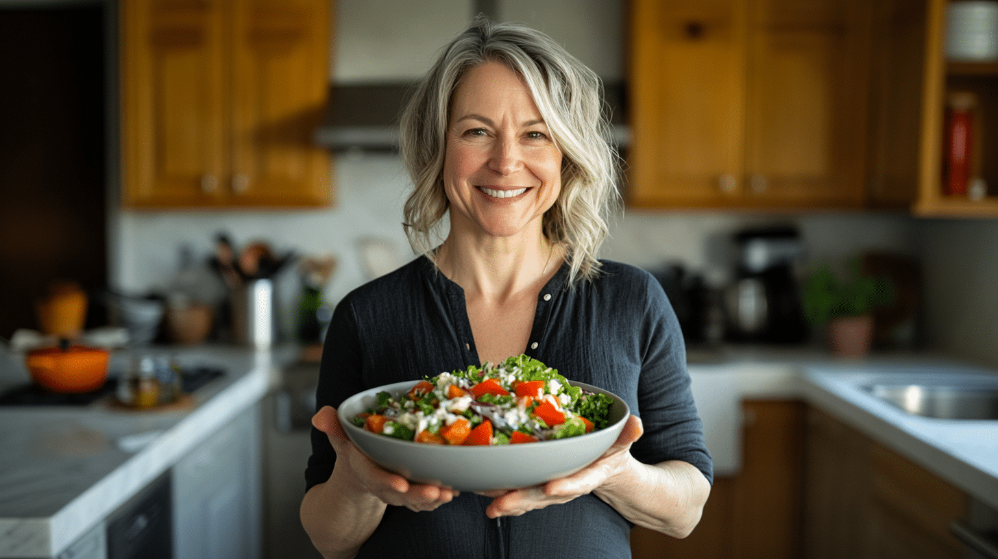 A healthy woman holding a plate on her kitchen.