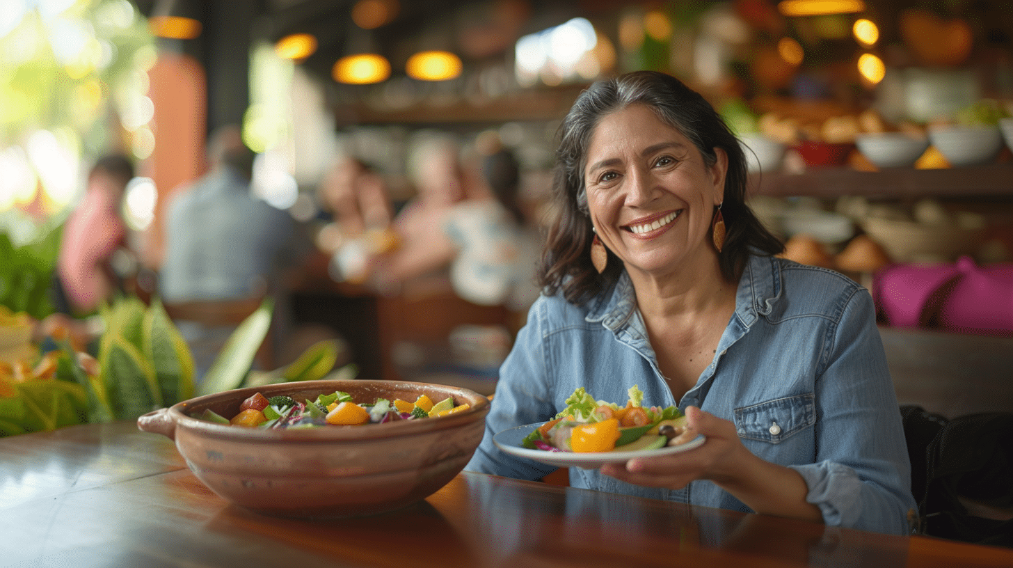 A hispanic woman in a restaurant, eating healthy food.