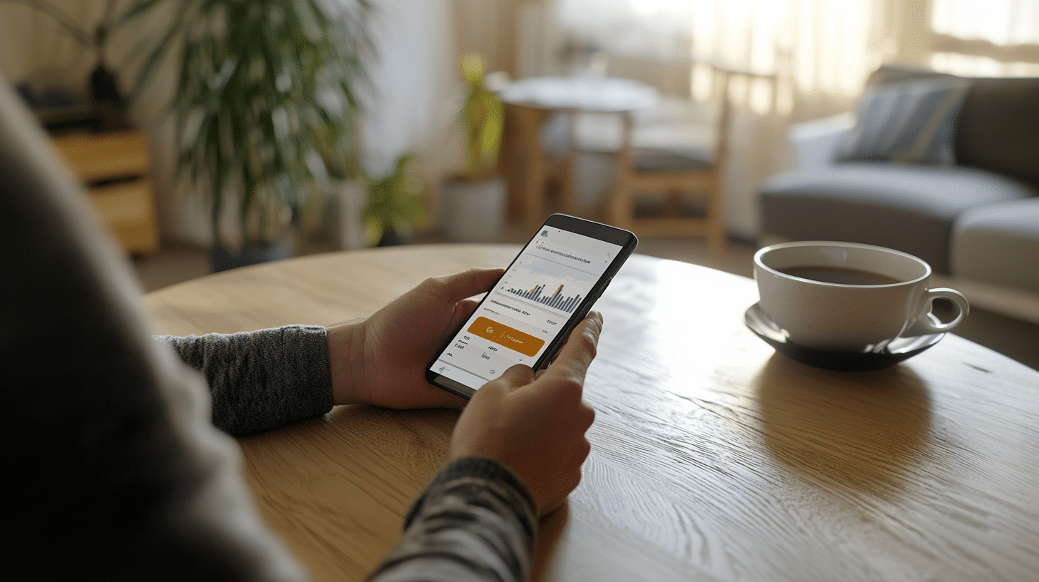 A woman looking at a weight loss app in her phone.