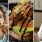 A woman enjoying a snack bar, a delicious meal packed with nutrient-dense healthy fats, and a healthcare professional addressing the truth about fat-free food myths with a client.