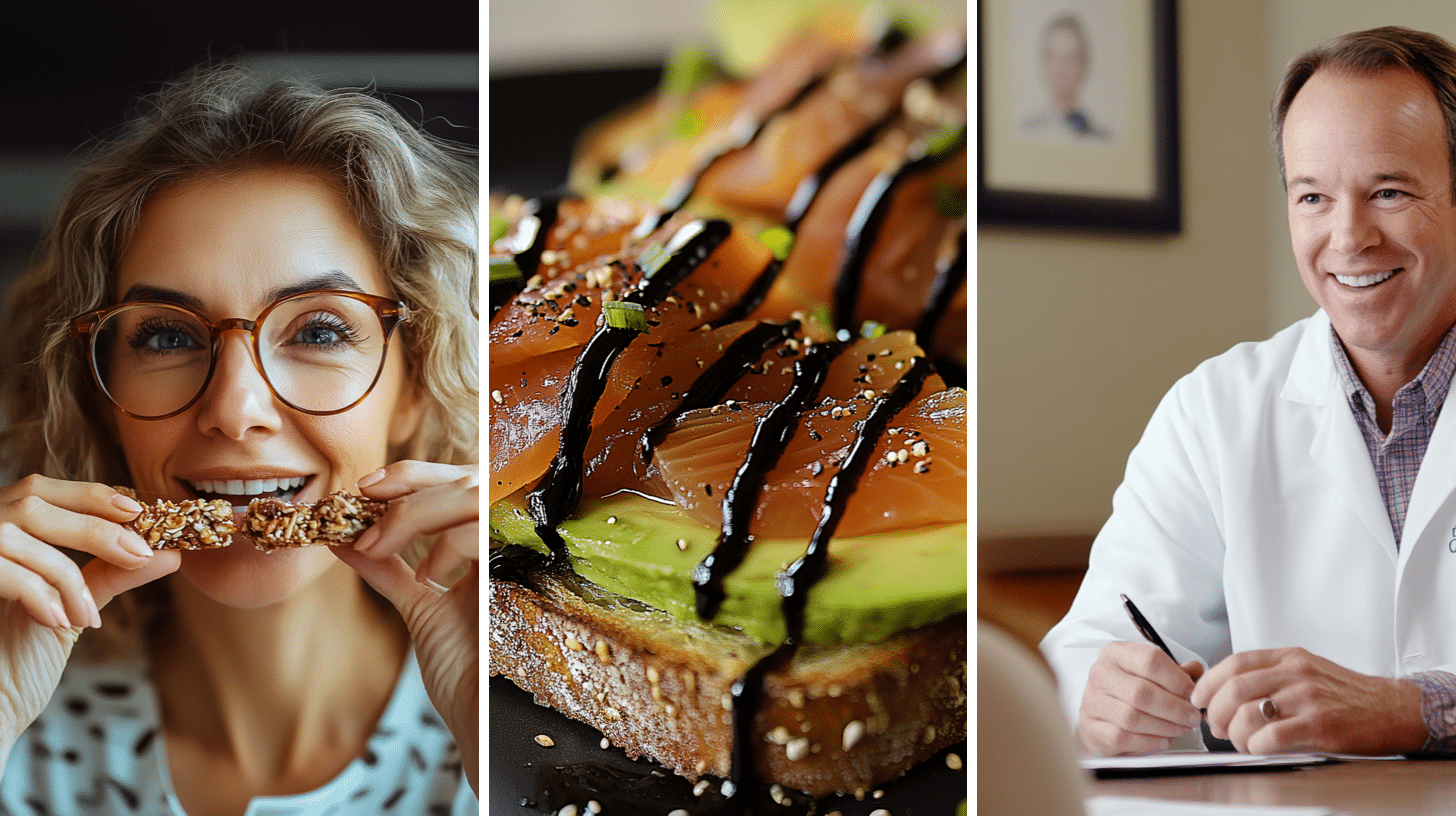 A woman enjoying a snack bar, a delicious meal packed with nutrient-dense healthy fats, and a healthcare professional addressing the truth about fat-free food myths with a client.