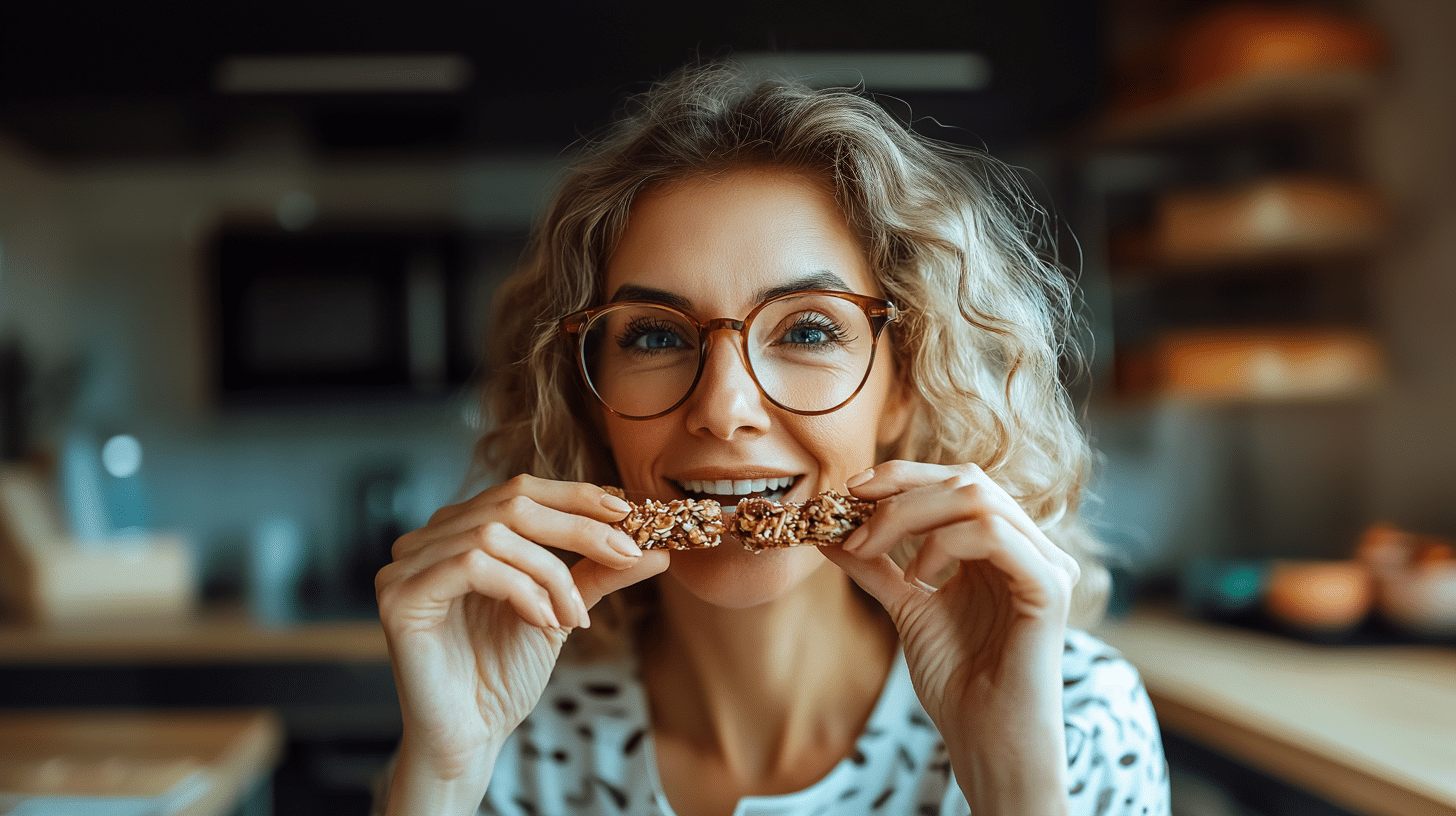 A woman enjoying a snack bar.