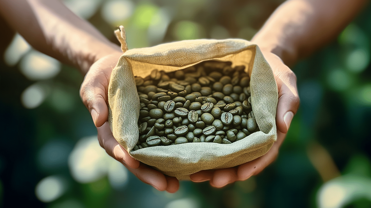 A bag of green coffee beans.