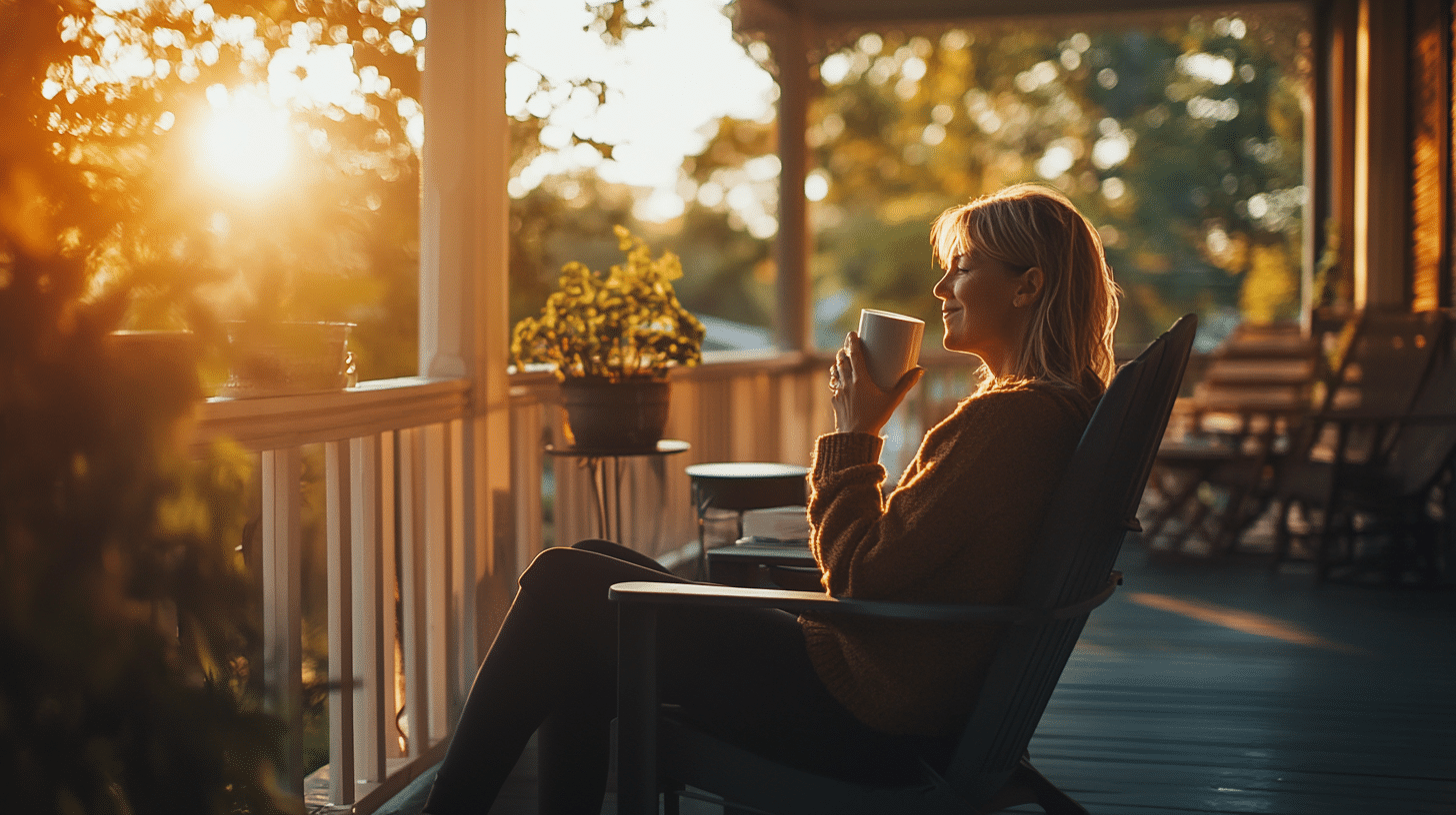 A woman drinking coffee on her veranda.