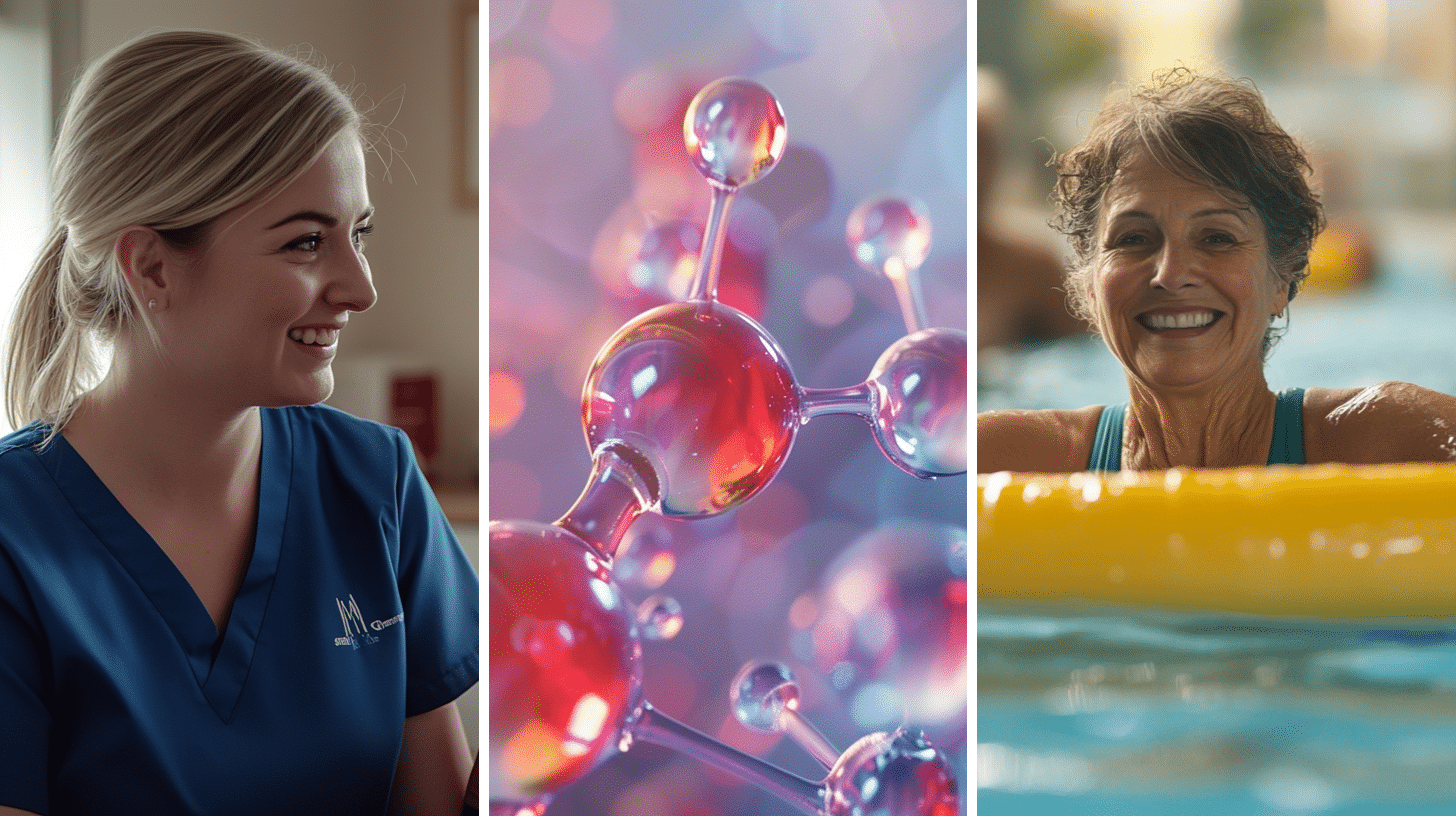 A nurse practitioner explaining nutritional needs to her patient. 3D rendering of hormone molecule structure. A 50 year old woman joyfully participating in a water aerobics class in a large, crystal-clear swimming pool at a club.