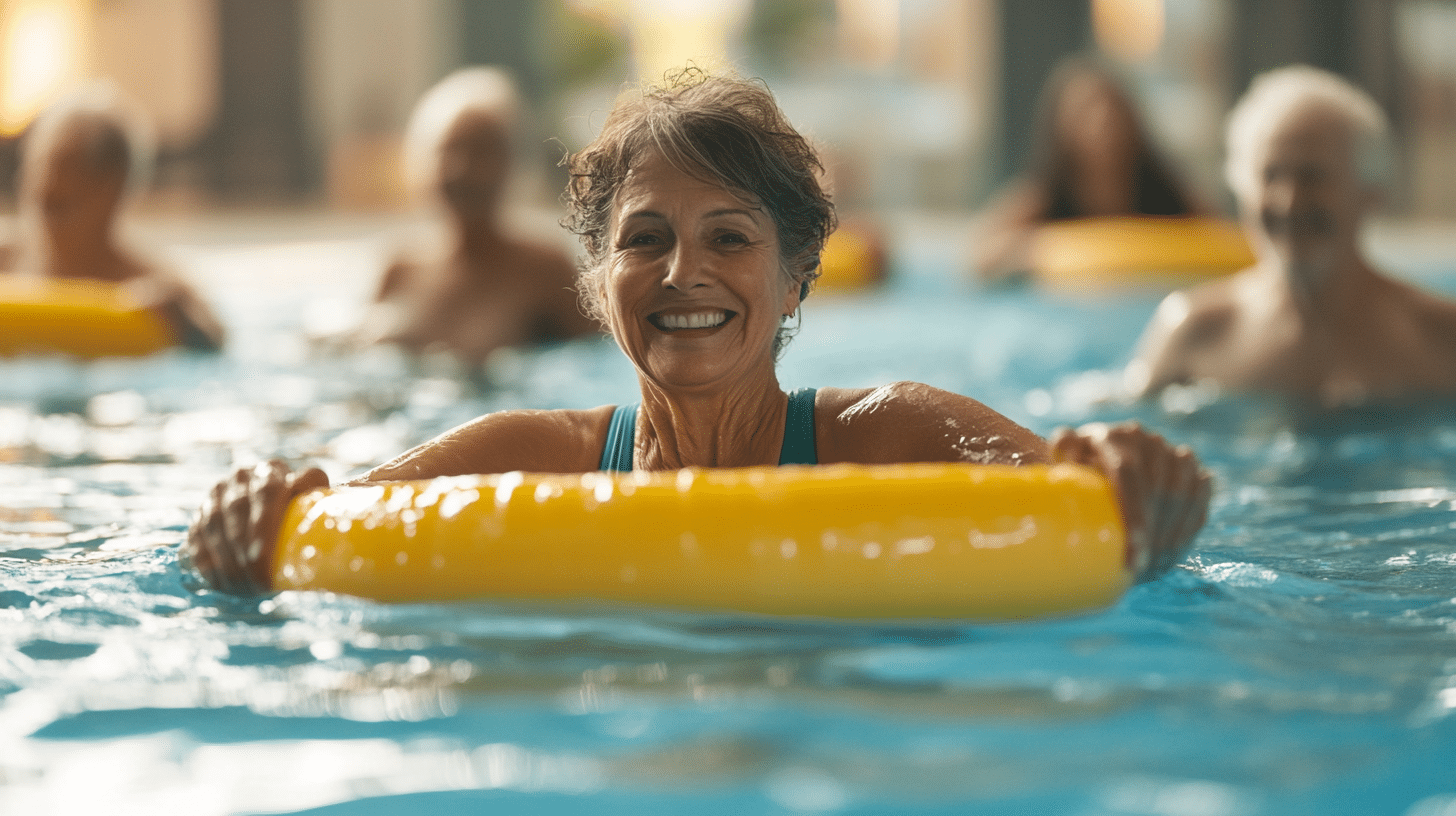 A 50 year old woman joyfully participating in a water aerobics class in a large, crystal-clear swimming pool at a club.