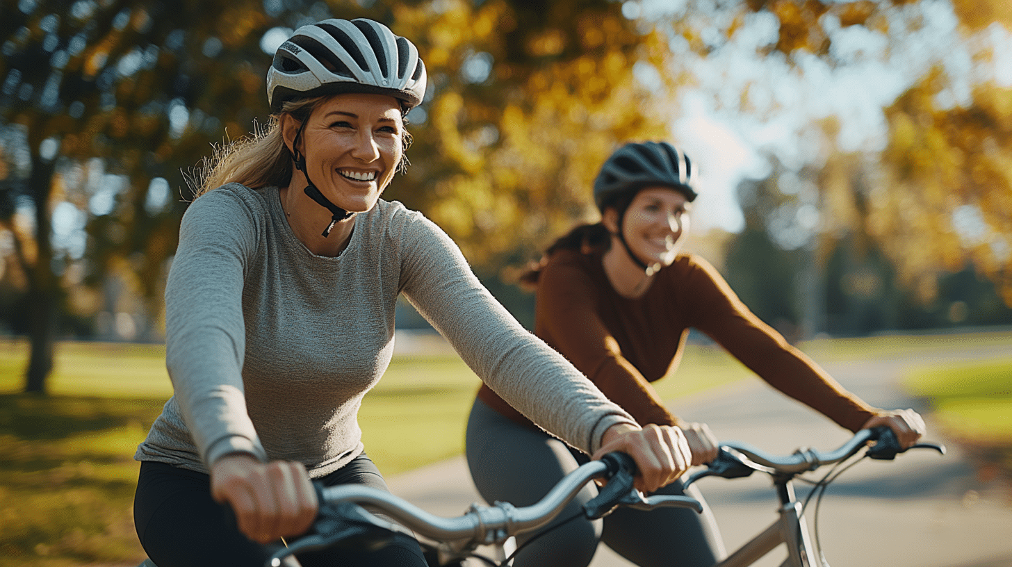 Two woman happily riding a bike in a park.