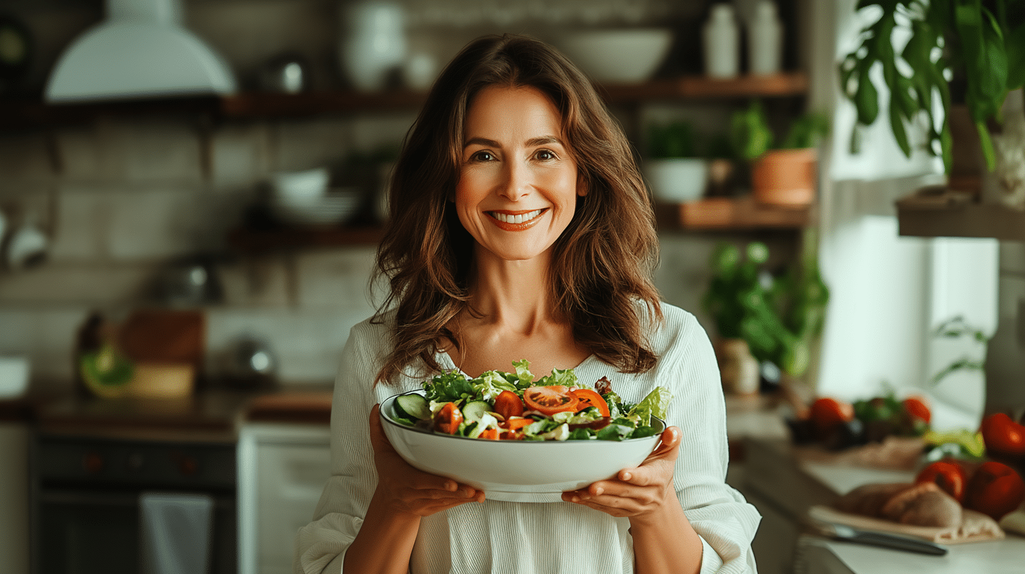 A healthy woman holding a bowl of salad.